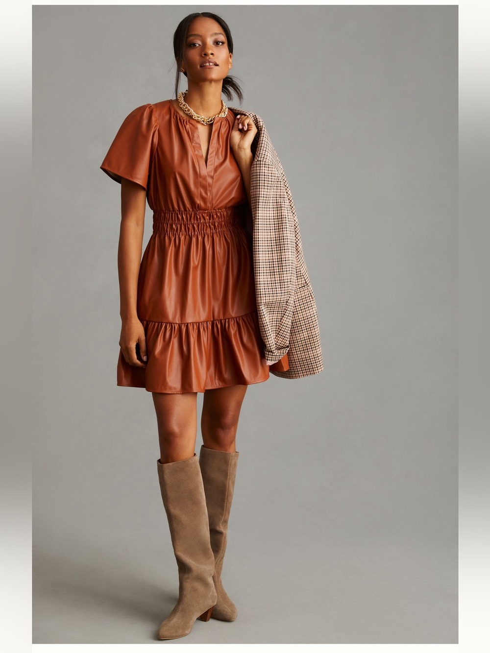 NWOT Anthropologie The Somerset Mini Dress: Faux Leather Edition in Bark Sz M